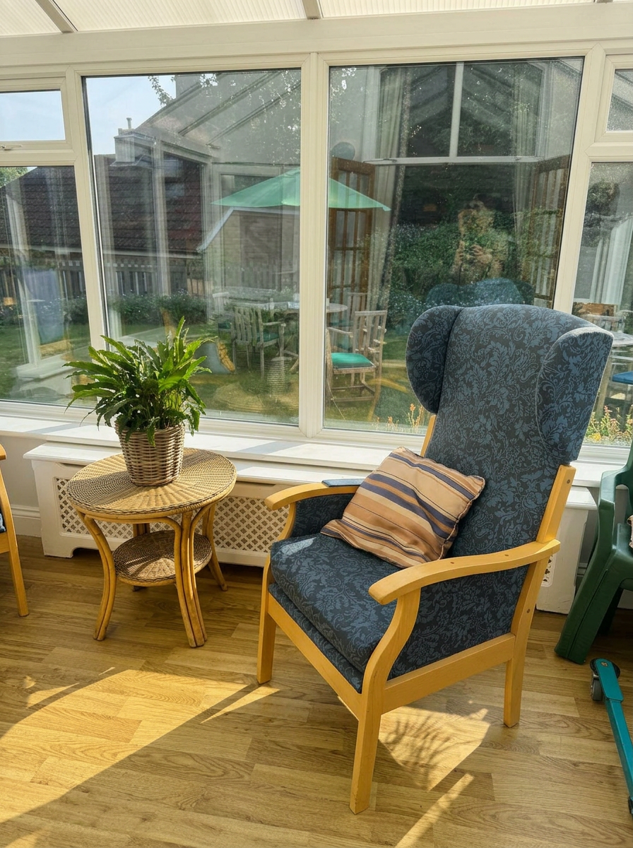 A wing-backed armchair in the sunlit conservatory beside a wicker side table and potted fern, with garden views beyond