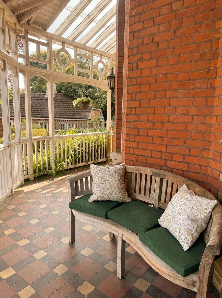 Two cushioned wooden chairs at a small garden table with white flowers, facing the lawn