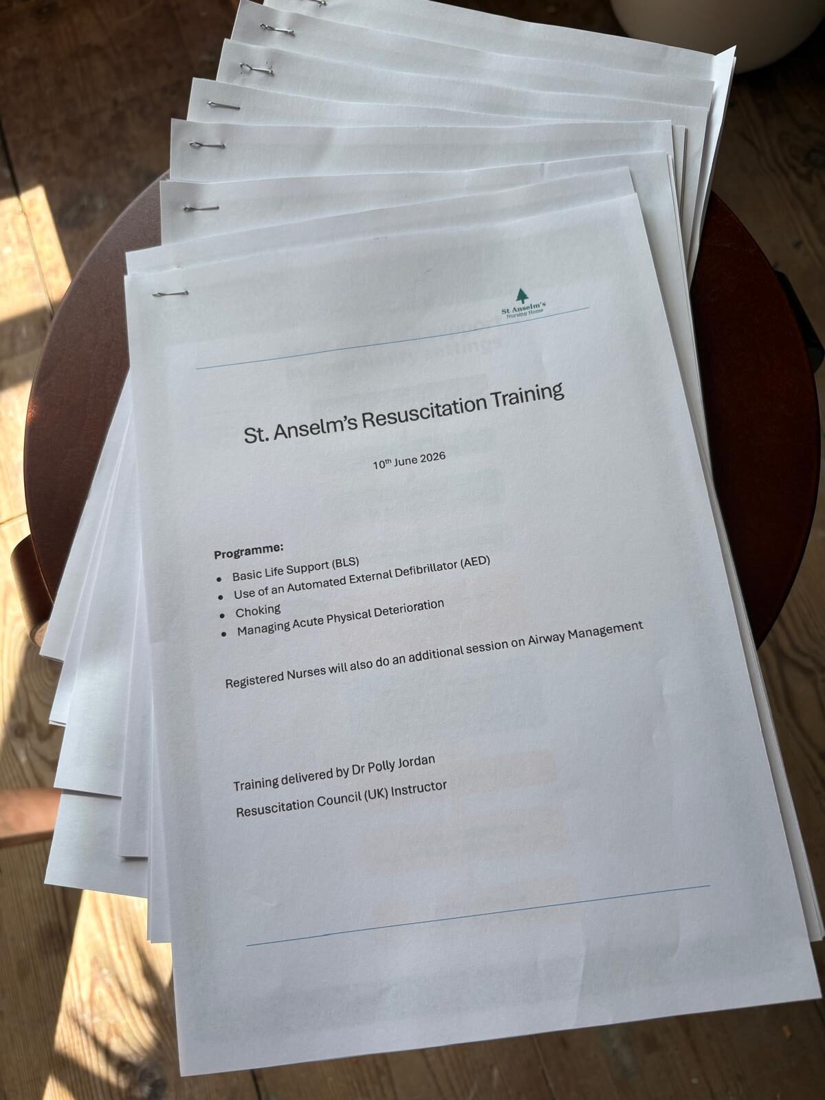 St Anselm's Resuscitation Training programme handout, dated 10 June 2026
