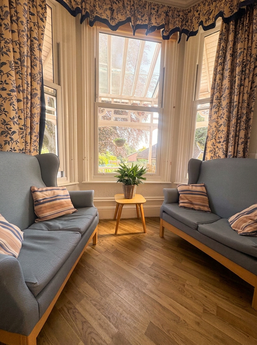A sunlit conservatory bay with two soft blue wing-back sofas, striped cushions and a small wooden side table holding a potted plant, looking out onto the garden