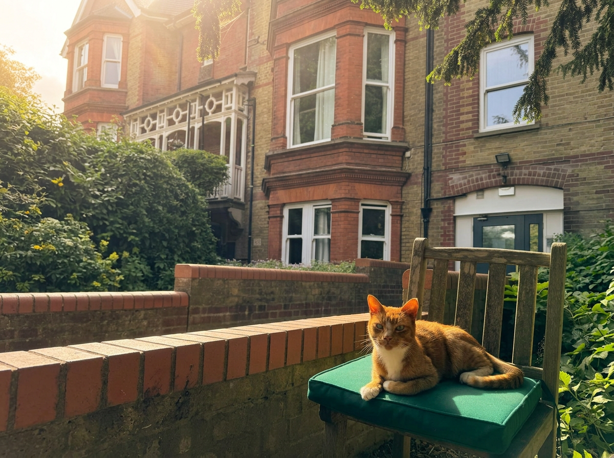 Ginger, the home cat at St Anselm's, resting on a green-cushioned wooden garden bench in front of the red-brick Victorian house in warm afternoon sunlight