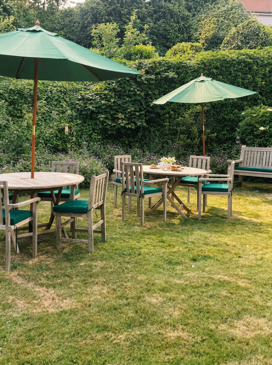 Garden table under a green umbrella with foxgloves and a wide summer sky